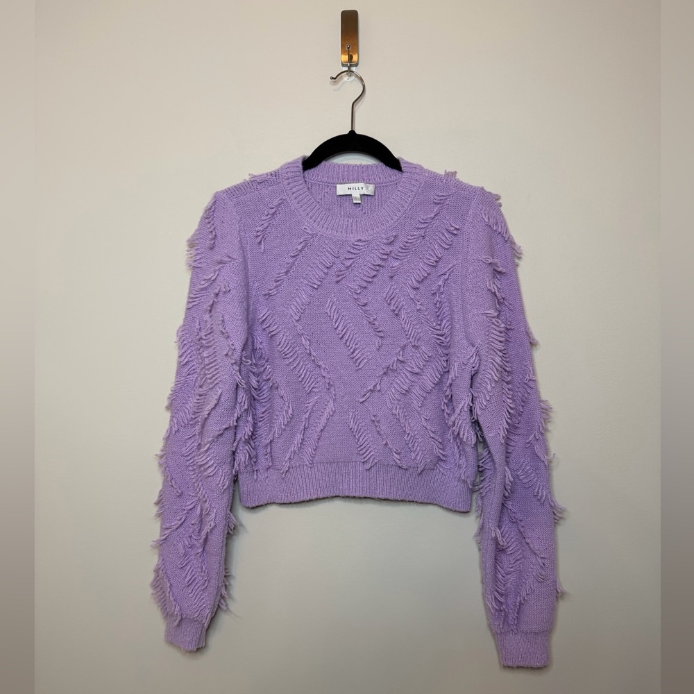 Milly Cropped Fringe Purple Sweater Size L